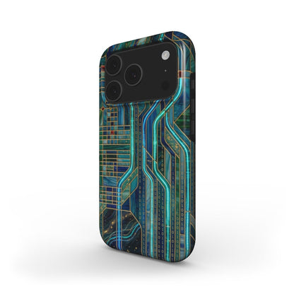MagSafe Handyhülle Neon Matrix – Lumina Mosaik Edition – Schrägansicht auf iPhone – MagSafe kompatibel