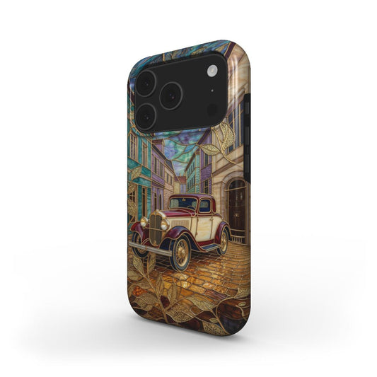 MagSafe Handyhülle Vintage Oldtimer – Lumina Mosaik Edition – Schrägansicht auf iPhone – MagSafe kompatibel