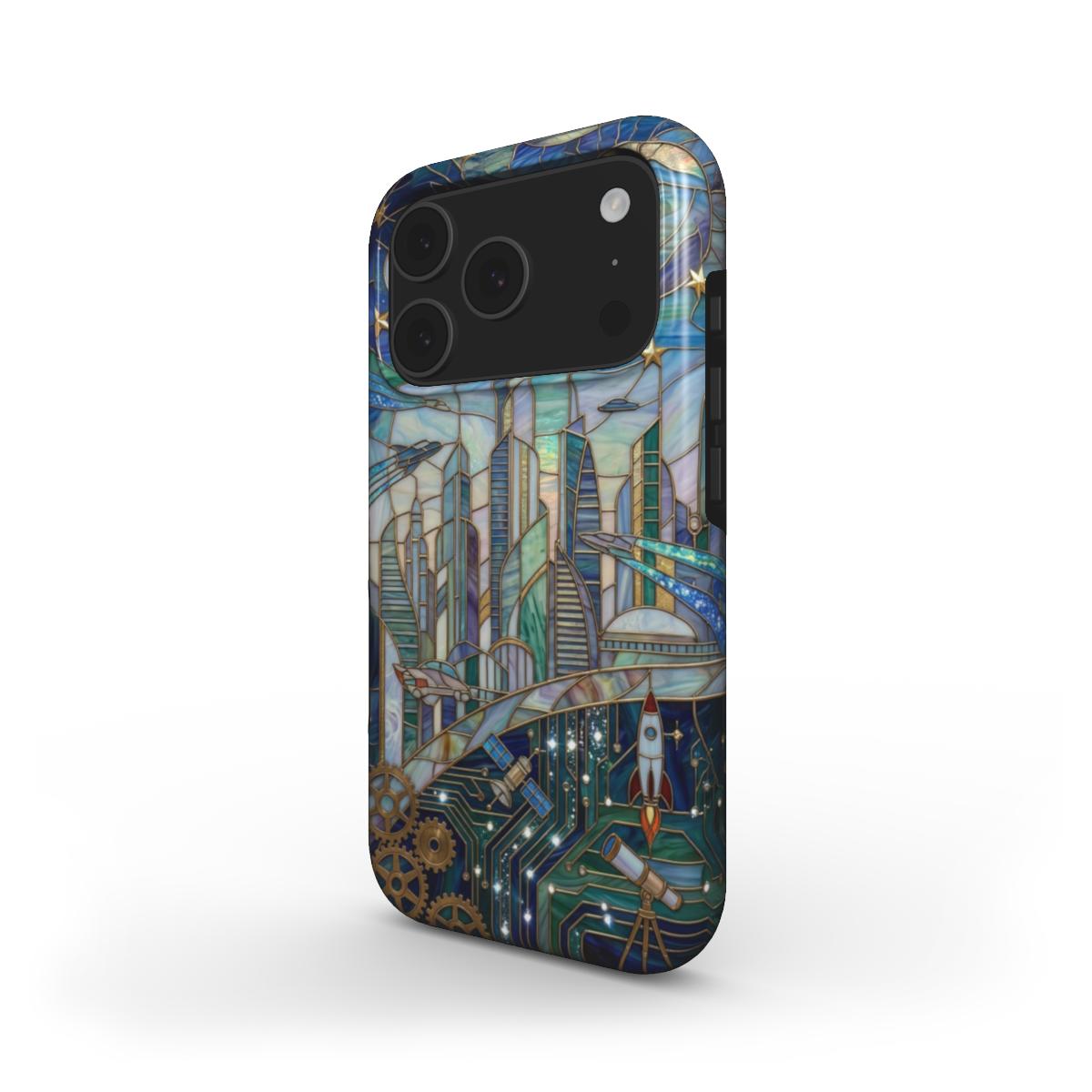 MagSafe Handyhülle Futuristische Stadt – Lumina Mosaik Edition – Schrägansicht auf iPhone – MagSafe kompatibel