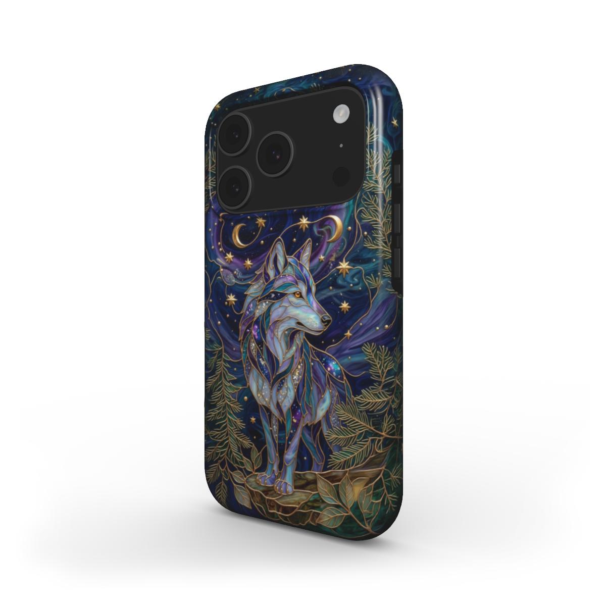MagSafe Handyhülle Mystischer Wolf – Lumina Mosaik Edition – Schrägansicht auf iPhone – MagSafe kompatibel