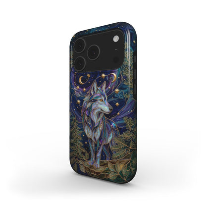 MagSafe Handyhülle Mystischer Wolf – Lumina Mosaik Edition – Schrägansicht auf iPhone – MagSafe kompatibel