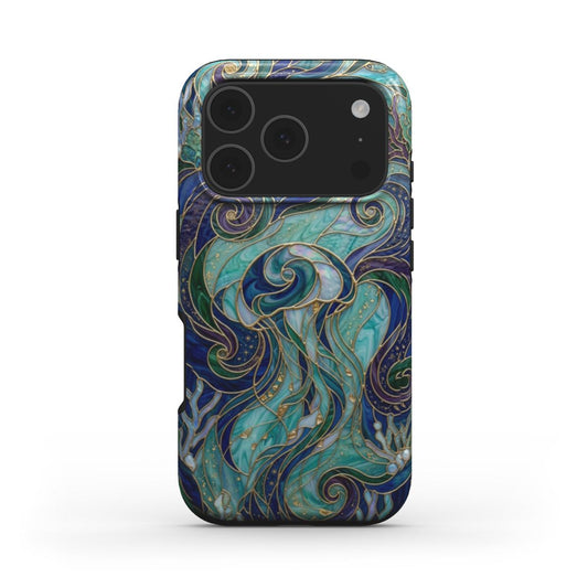 MagSafe Handyhülle Qualle Tiefsee – Lumina Mosaik Edition – Frontansicht auf iPhone – Glasmosaik Design