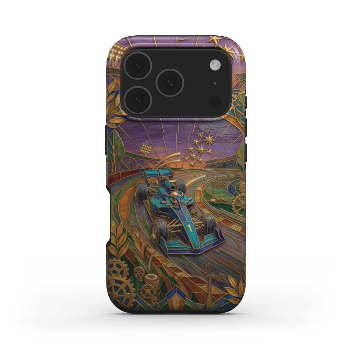 MagSafe Handyhülle Goldener Formel 1 – Lumina Mosaik Edition – Frontansicht auf iPhone – Glasmosaik Design
