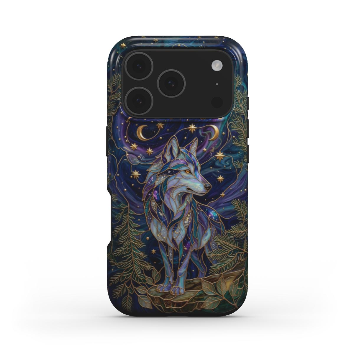 MagSafe Handyhülle Mystischer Wolf – Lumina Mosaik Edition – Frontansicht auf iPhone – Glasmosaik Design