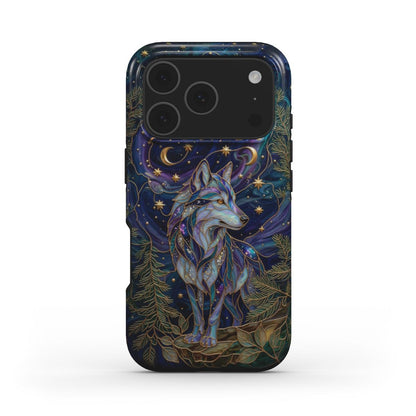 MagSafe Handyhülle Mystischer Wolf – Lumina Mosaik Edition – Frontansicht auf iPhone – Glasmosaik Design