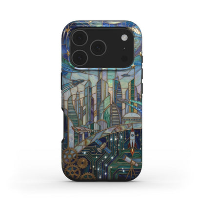 MagSafe Handyhülle Futuristische Stadt – Lumina Mosaik Edition – Frontansicht auf iPhone – Glasmosaik Design