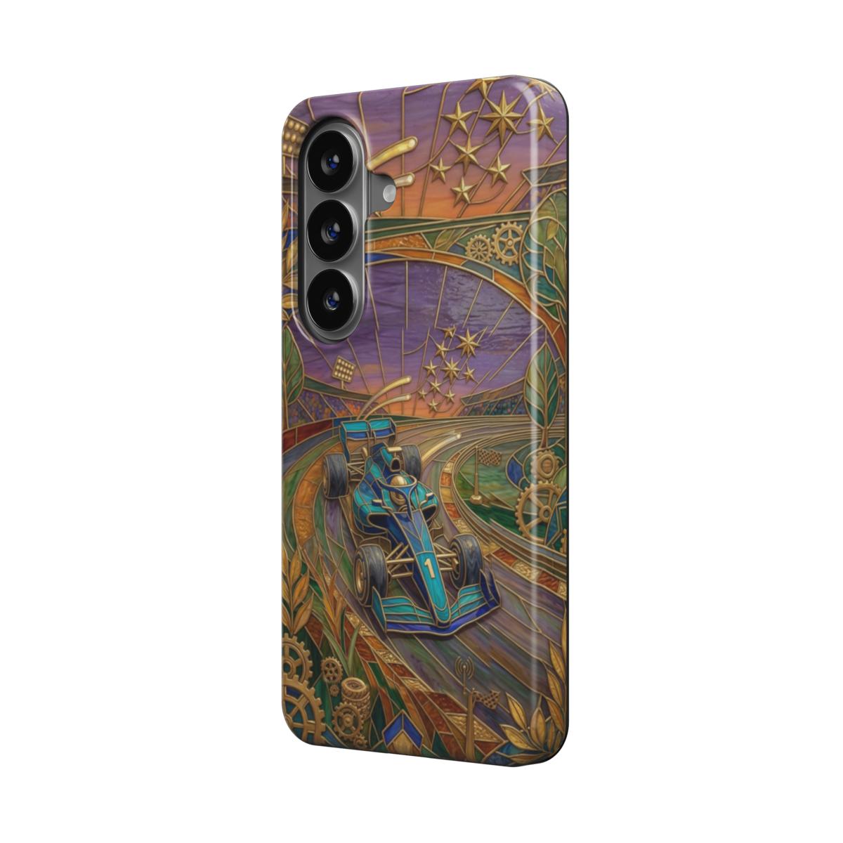 Magnetische Handyhülle Goldener Formel 1 – Lumina Mosaik Edition – Schrägansicht auf Samsung Galaxy – Magnetring kompatibel