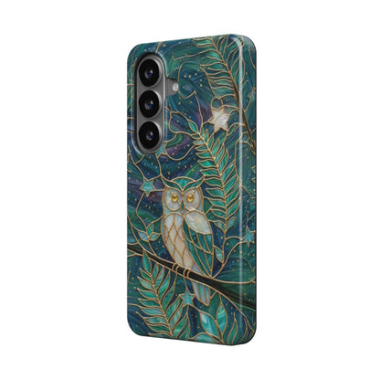 Magnetische Handyhülle Mystische Eule – Lumina Mosaik Edition – Schrägansicht auf Samsung Galaxy – Magnetring kompatibel