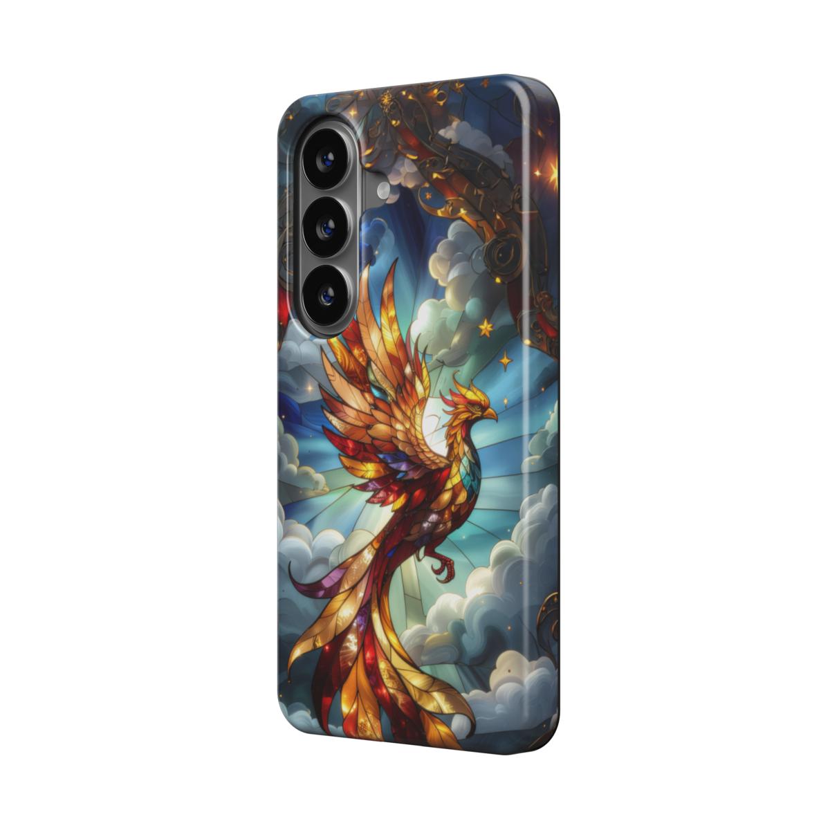 Magnetische Handyhülle Goldener Phönix – Lumina Mosaik Edition – Schrägansicht auf Samsung Galaxy – Magnetring kompatibel