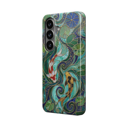 Magnetische Handyhülle Koi Fische Japan – Lumina Mosaik Edition – Schrägansicht auf Samsung Galaxy – Magnetring kompatibel