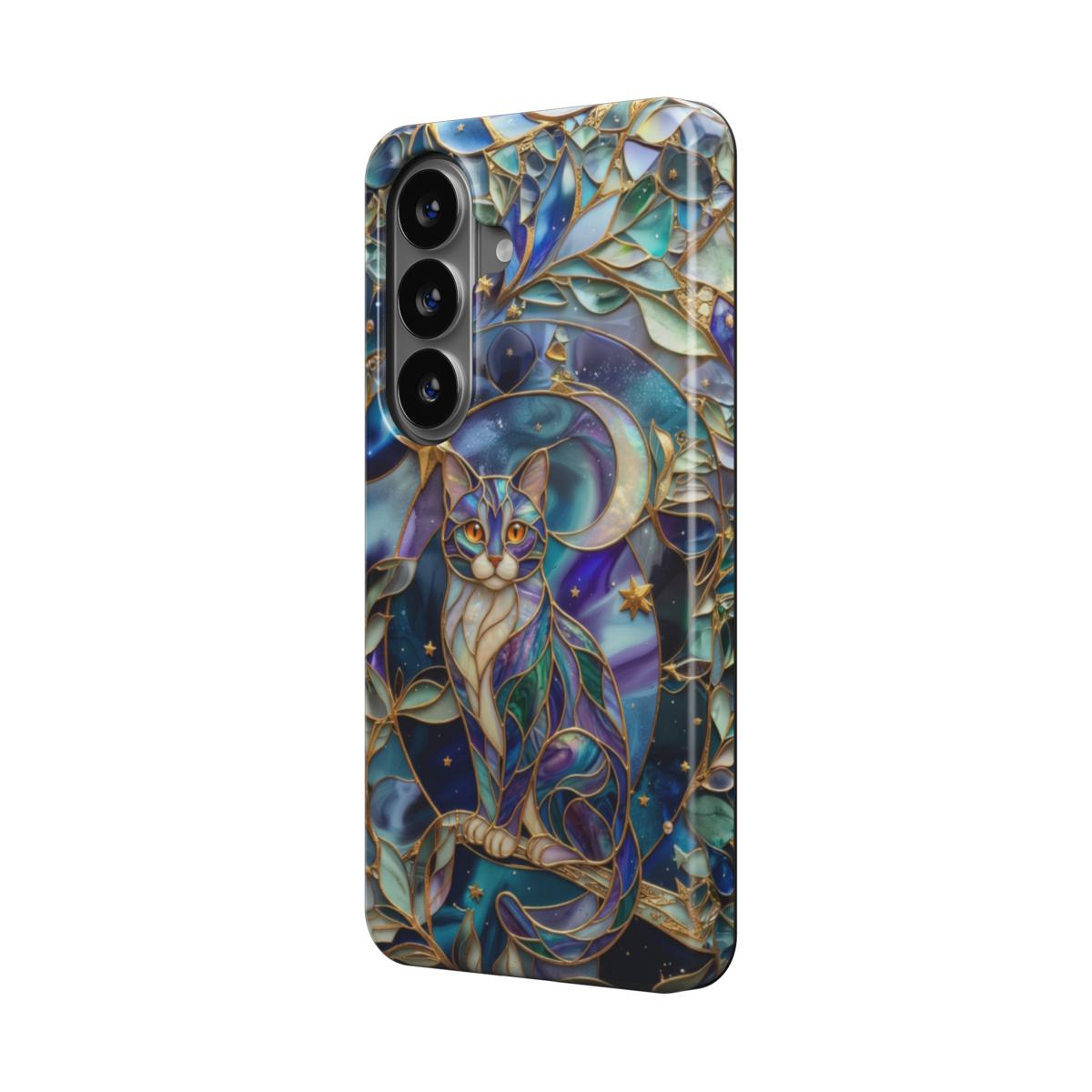 Magnetische Handyhülle Mondlicht Katze – Lumina Mosaik Edition – Schrägansicht auf Samsung Galaxy – Magnetring kompatibel