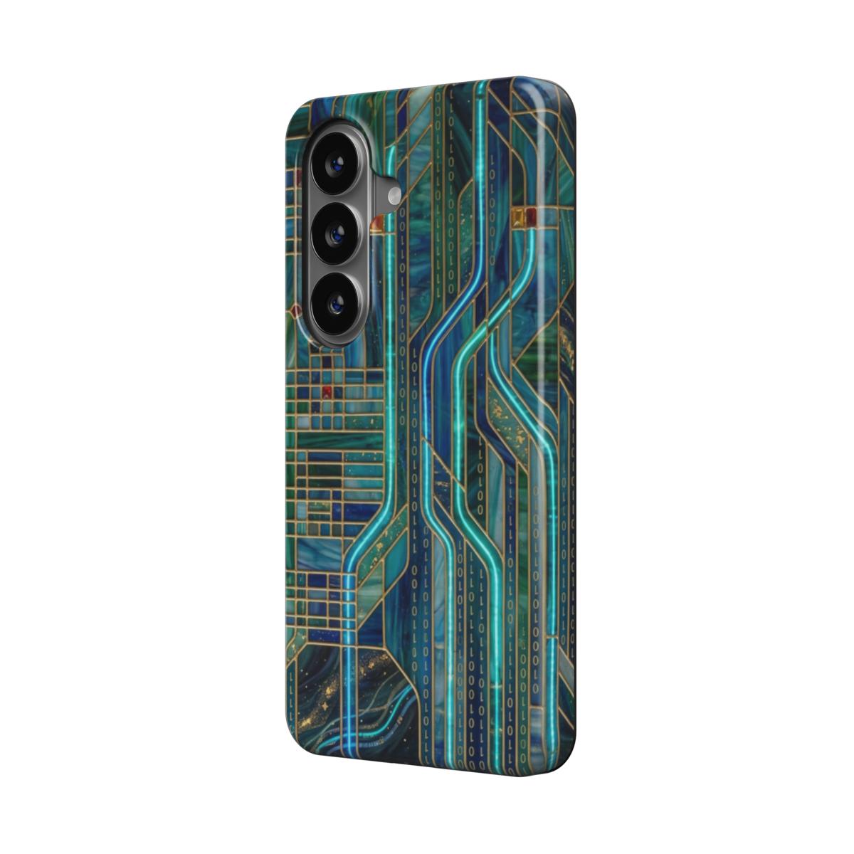 Magnetische Handyhülle Neon Matrix – Lumina Mosaik Edition – Schrägansicht auf Samsung Galaxy – Magnetring kompatibel