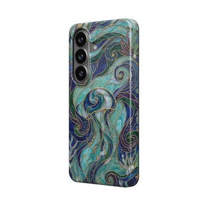 Magnetische Handyhülle Qualle Tiefsee – Lumina Mosaik Edition – Schrägansicht auf Samsung Galaxy – Magnetring kompatibel