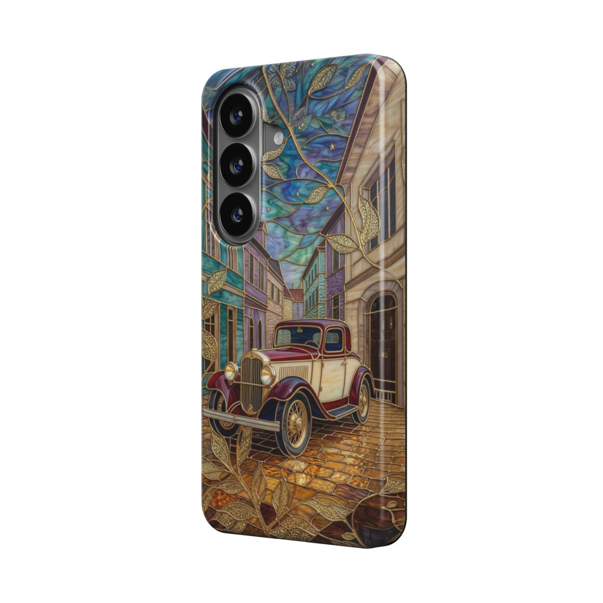 Magnetische Handyhülle Vintage Oldtimer – Lumina Mosaik Edition – Schrägansicht auf Samsung Galaxy – Magnetring kompatibel