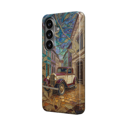 Magnetische Handyhülle Vintage Oldtimer – Lumina Mosaik Edition – Schrägansicht auf Samsung Galaxy – Magnetring kompatibel