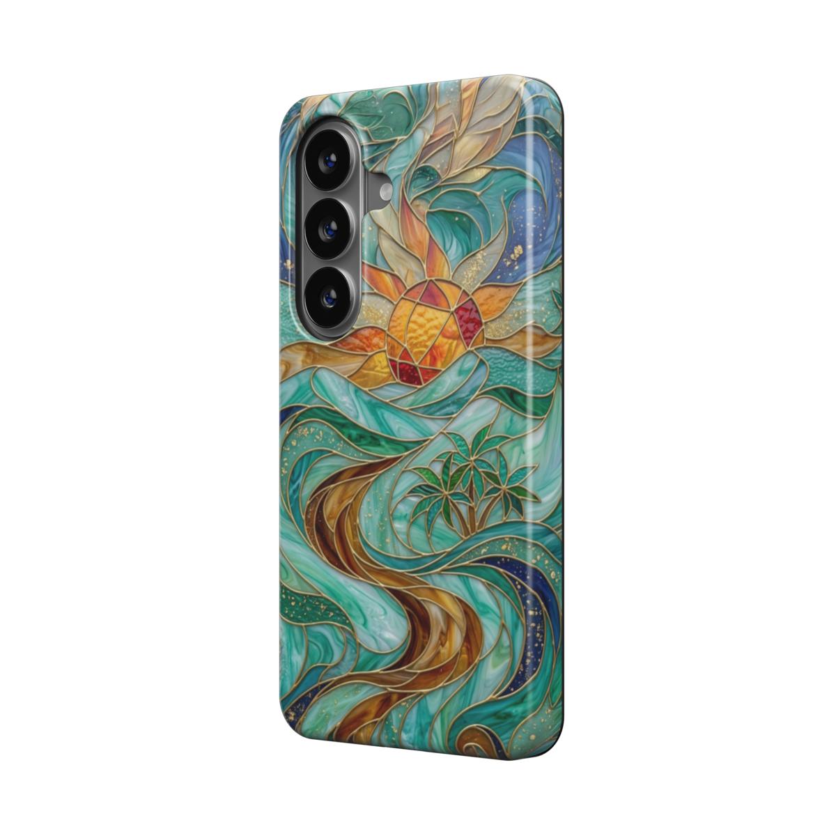 Magnetische Handyhülle Tropische Sonne – Lumina Mosaik Edition – Schrägansicht auf Samsung Galaxy – Magnetring kompatibel