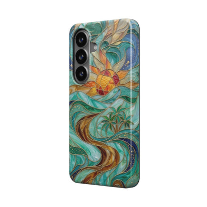 Magnetische Handyhülle Tropische Sonne – Lumina Mosaik Edition – Schrägansicht auf Samsung Galaxy – Magnetring kompatibel