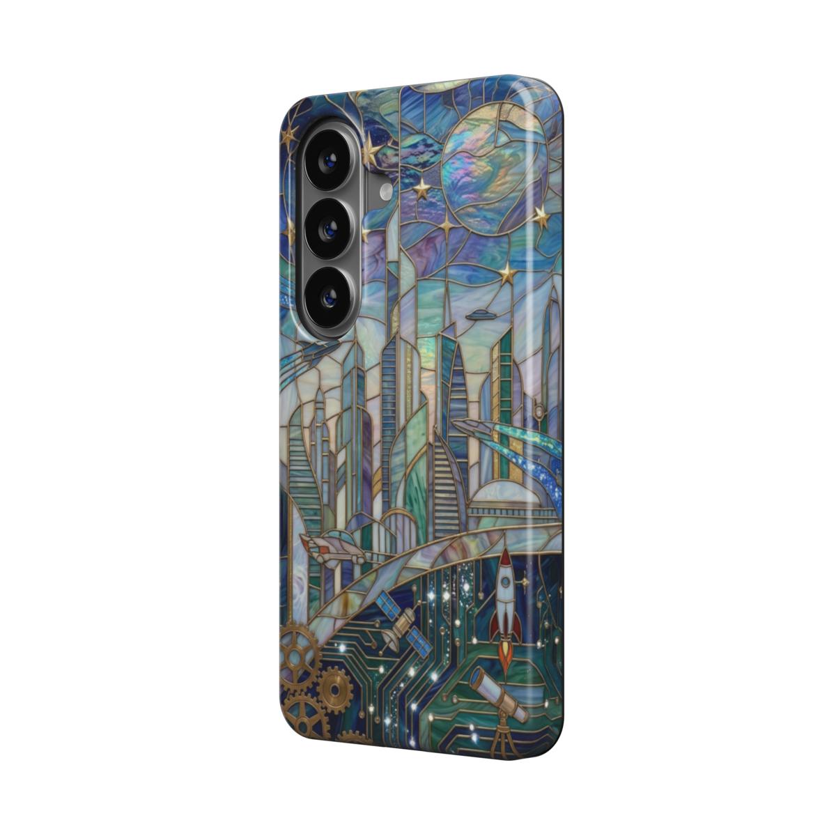 Magnetische Handyhülle Futuristische Stadt – Lumina Mosaik Edition – Schrägansicht auf Samsung Galaxy – Magnetring kompatibel
