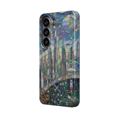 Magnetische Handyhülle Futuristische Stadt – Lumina Mosaik Edition – Schrägansicht auf Samsung Galaxy – Magnetring kompatibel