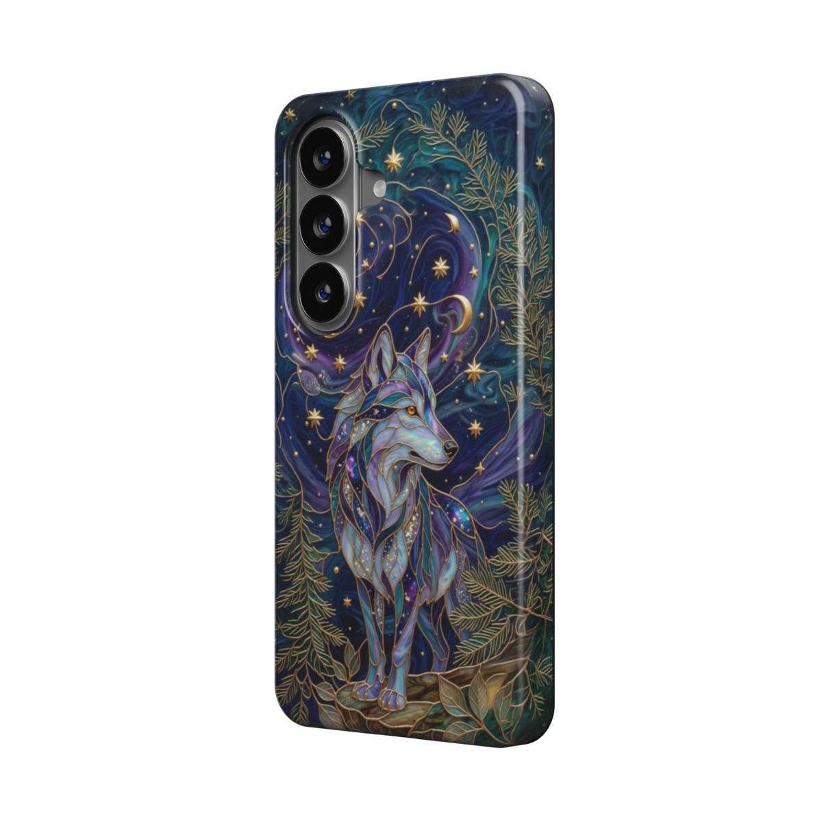 Magnetische Handyhülle Mystischer Wolf – Lumina Mosaik Edition – Schrägansicht auf Samsung Galaxy – Magnetring kompatibel