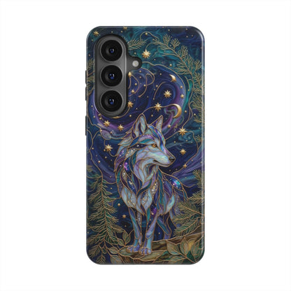 Magnetische Handyhülle Mystischer Wolf – Lumina Mosaik Edition – Frontansicht auf Samsung Galaxy – Glasmosaik Design