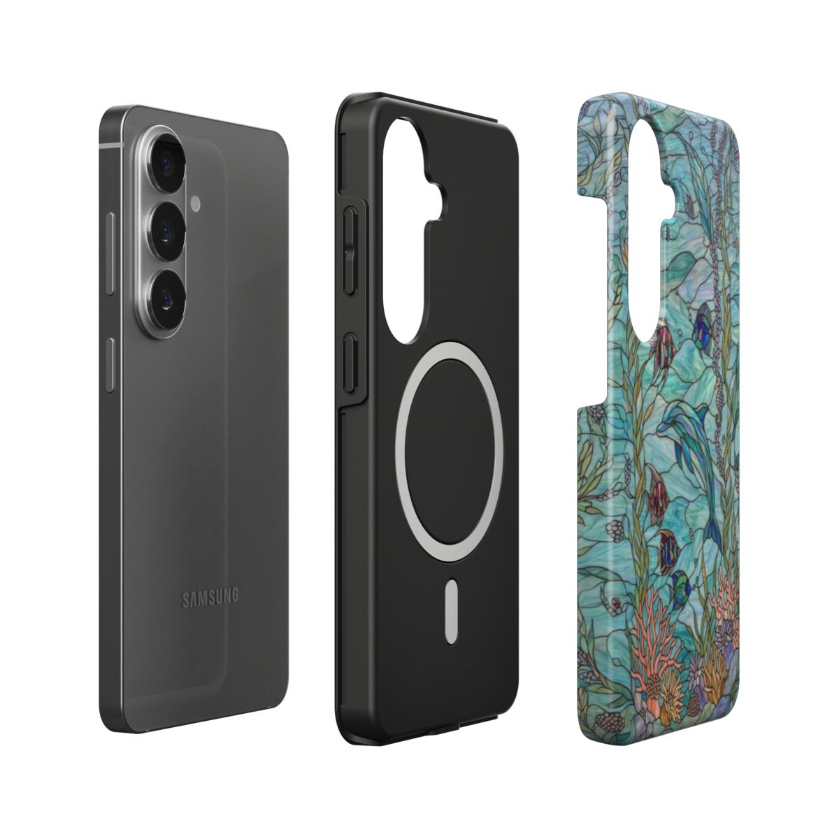 Magnetische Handyhülle Delfine im Ozean – Lumina Mosaik Edition – Magnetring Aufbau Samsung – Qi Laden kompatibel