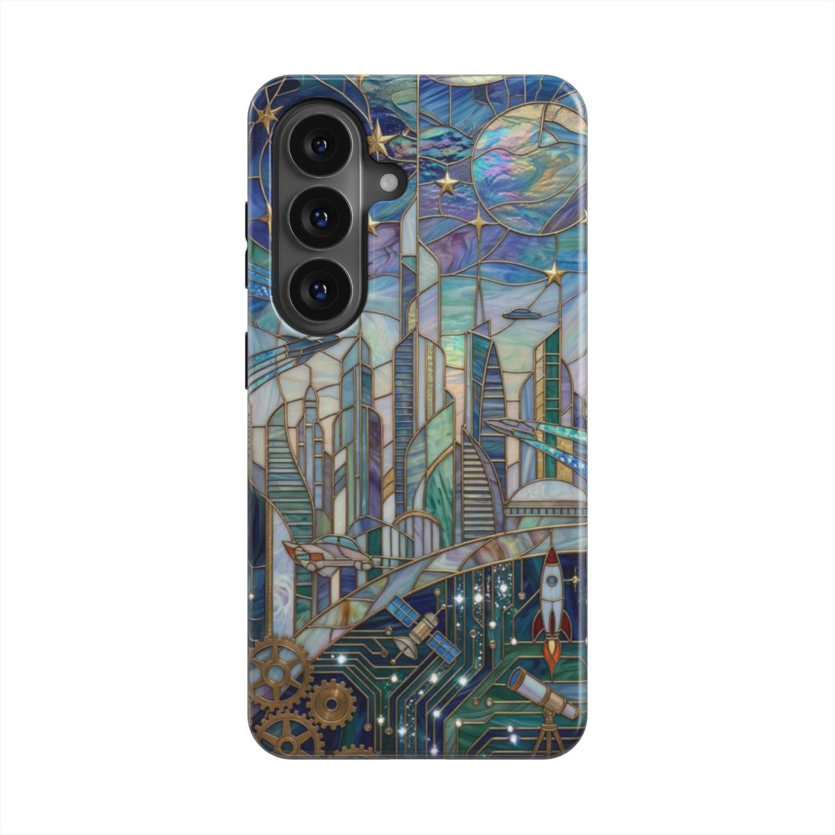 Magnetische Handyhülle Futuristische Stadt – Lumina Mosaik Edition – Frontansicht auf Samsung Galaxy – Glasmosaik Design