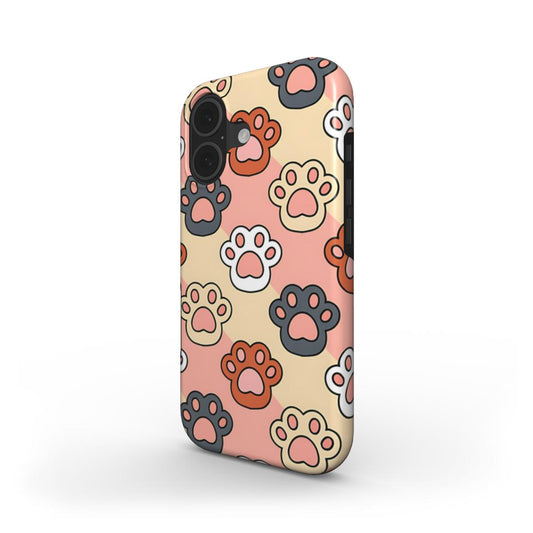 Stoßfeste Handyhülle „Bunte Pfoten“ – Schrägansicht mit bunten Cartoon-Pfoten, Tier Motiv Edition