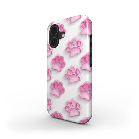 Stoßfeste Handyhülle „Glänzende Pfoten“ – Schrägansicht mit 3D glänzenden Pink-Pfoten