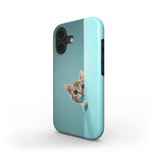 Stoßfeste Handyhülle „Neugierige Katze“ – Schrägansicht mit neugieriger Katze die um Ecke schaut