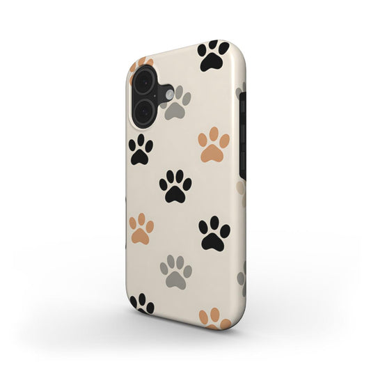 Stoßfeste Handyhülle „Sanfte Pfoten“ – Schrägansicht mit minimalistischen Pfoten in Beige und Grau