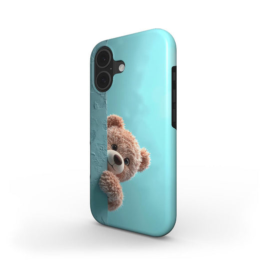 Stoßfeste Handyhülle „Schüchterner Teddy“ – Schrägansicht mit schüchternem Teddybär der um Ecke schaut