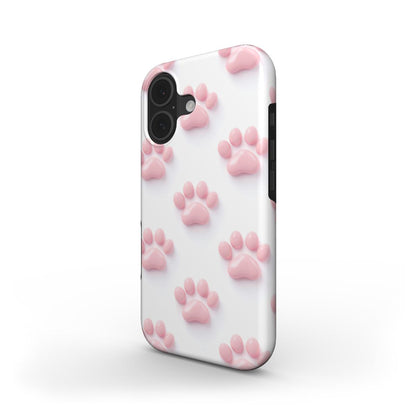 Stoßfeste Handyhülle „Zarte Pfoten“ – Schrägansicht mit zarten rosa Pfoten-Silhouetten