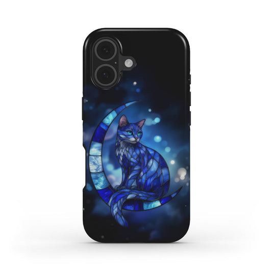 Stoßfeste Handyhülle „Mondkatze“ – Frontansicht mit mystischem Mond-Katzen-Design vor Sternenhimmel