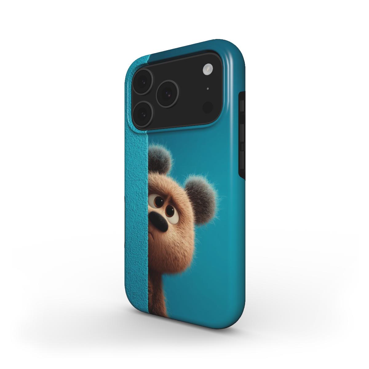 MagSafe Handyhülle „Frecher Teddybär“ – Schrägansicht mit frechem Cartoon-Bär auf Türkis, Tier Motiv Edition