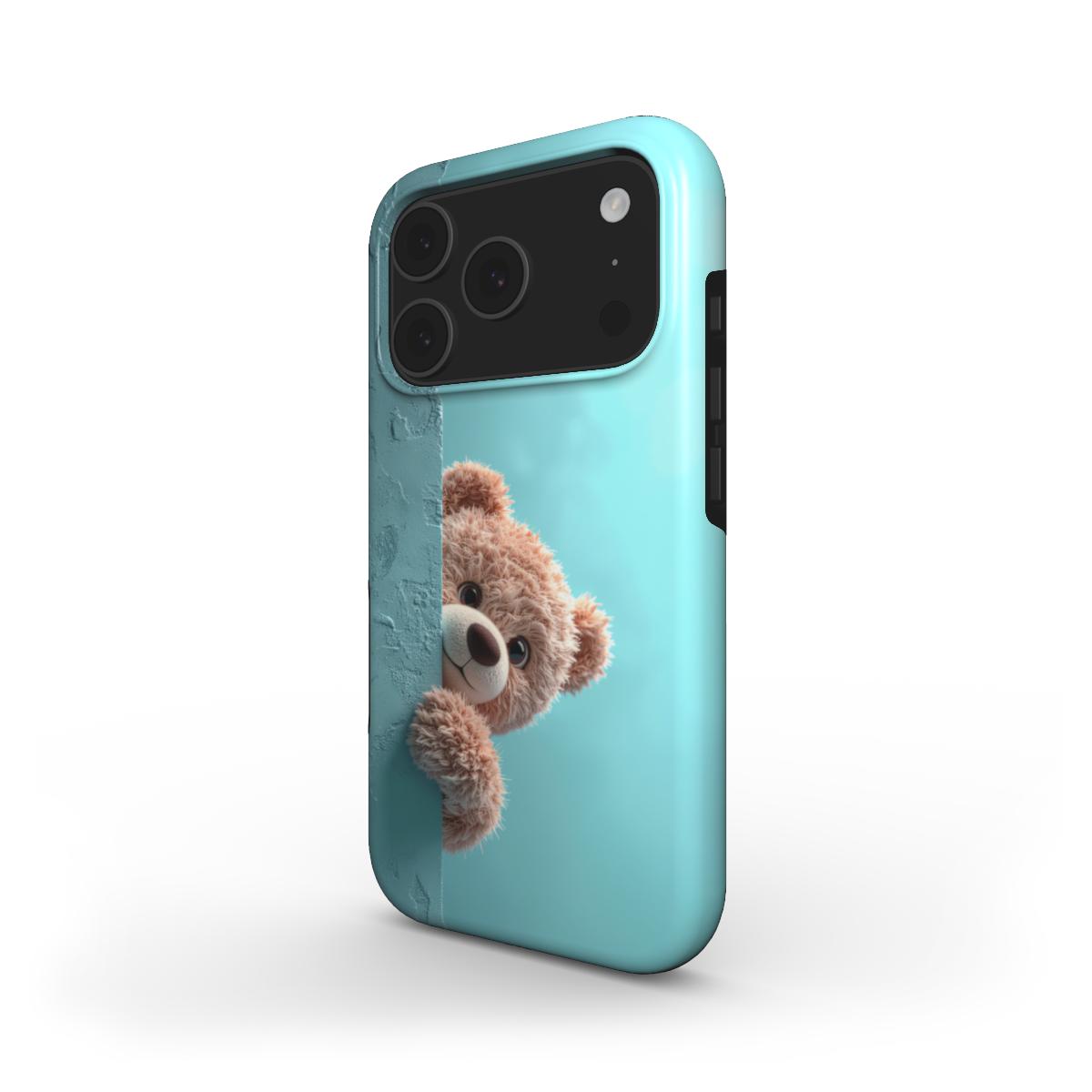 MagSafe Handyhülle „Schüchterner Teddy“ – Schrägansicht mit schüchternem Teddybär der um Ecke schaut