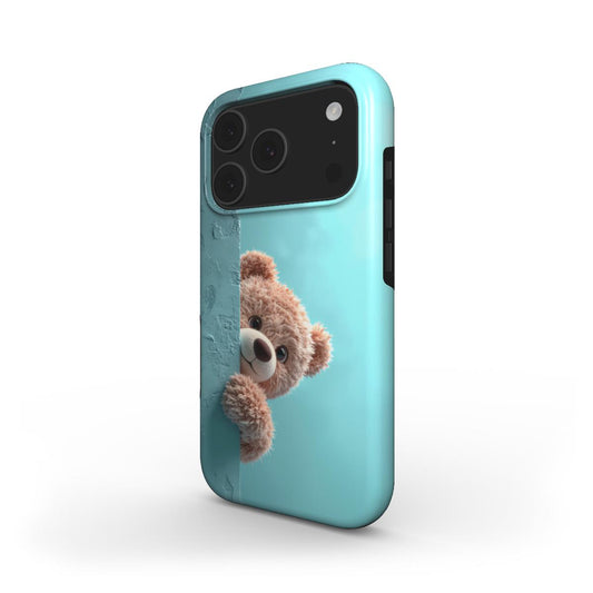 MagSafe Handyhülle „Schüchterner Teddy“ – Schrägansicht mit schüchternem Teddybär der um Ecke schaut