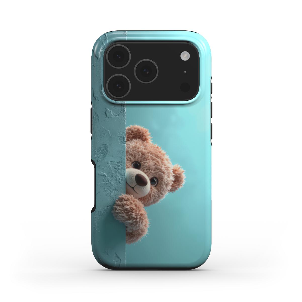 MagSafe Handyhülle „Schüchterner Teddy“ – Frontansicht mit weichem Teddybär-Motiv auf Türkis