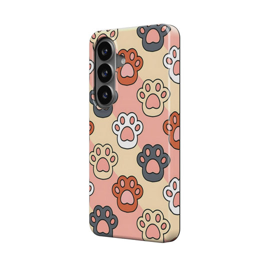 Magnetische Handyhülle „Bunte Pfoten“ – Schrägansicht mit bunten Cartoon-Pfoten auf Samsung, Tier Motiv Edition