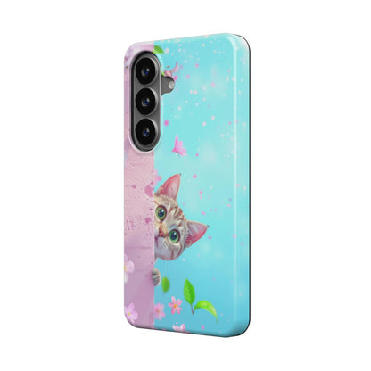 Magnetische Handyhülle „Kirschblüten Kätzchen“ – Schrägansicht mit Kätzchen und Kirschblüten auf Samsung