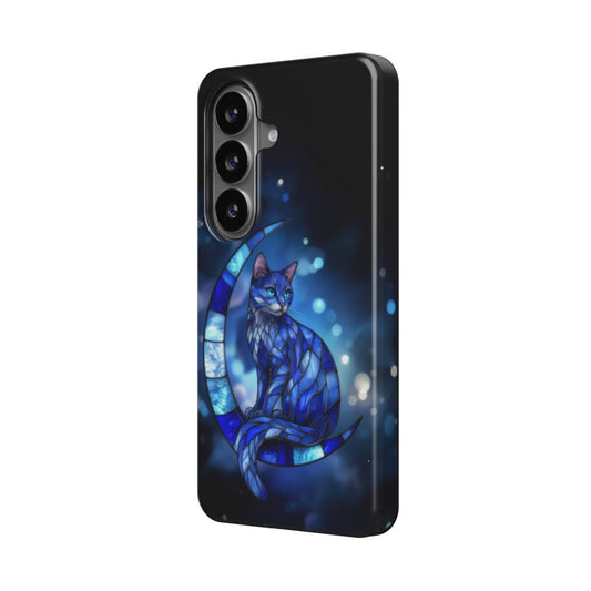 Magnetische Handyhülle „Mondkatze“ – Schrägansicht mit Glas-Mosaik-Katze auf Mondsichel, Samsung