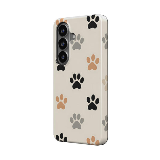 Magnetische Handyhülle „Sanfte Pfoten“ – Schrägansicht mit minimalistischen Pfoten in Beige und Grau auf Samsung
