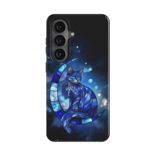 Magnetische Handyhülle „Mondkatze“ – Frontansicht mit mystischem Mond-Katzen-Design vor Sternenhimmel