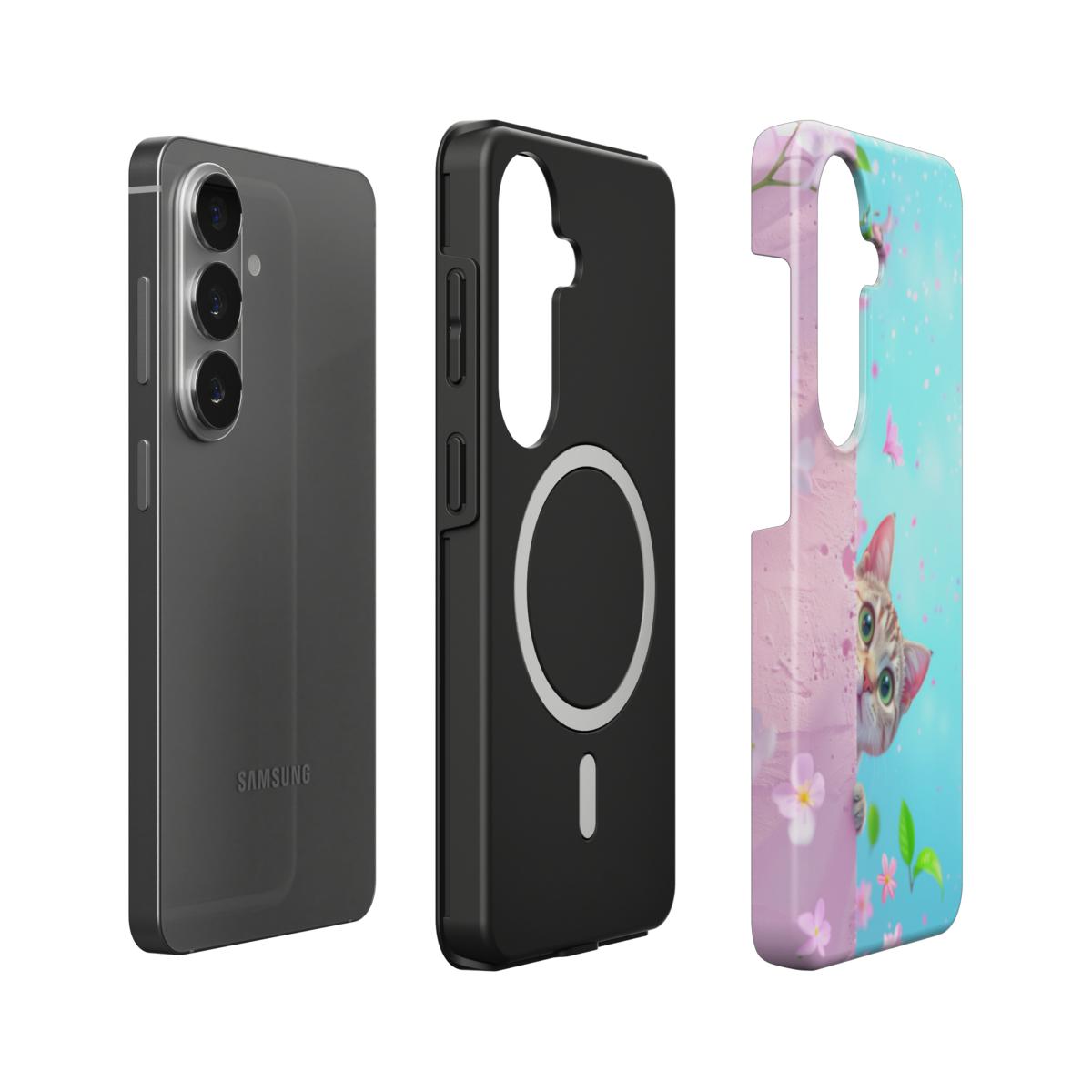 Magnetische Handyhülle „Kirschblüten Kätzchen“ – Dual-Layer mit integriertem Magnetring für Samsung & Google Pixel