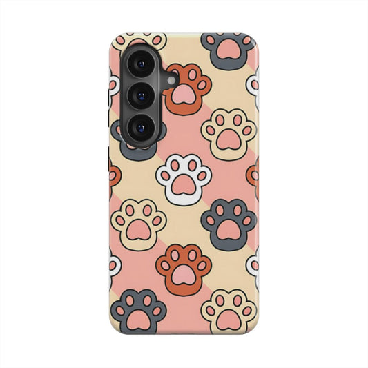 Magnetische Handyhülle „Bunte Pfoten“ – Frontansicht mit farbenfrohem Pfoten-Design in Rosa, Grau und Orange