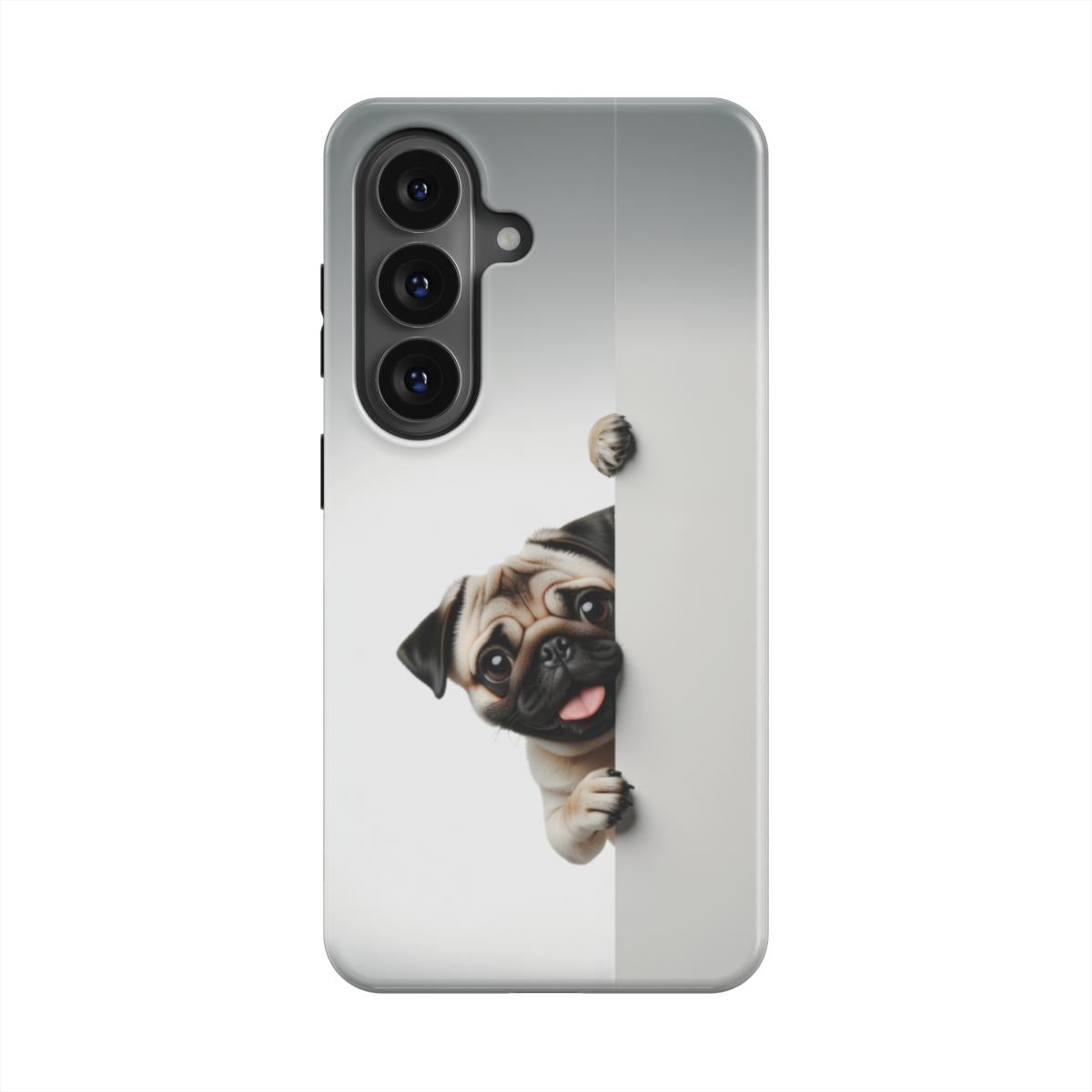 Magnetische Handyhülle „Neugieriger Mops“ – Frontansicht mit witzigem Hunde-Motiv auf Samsung