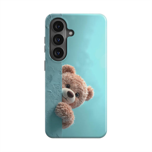 Magnetische Handyhülle „Schüchterner Teddy“ – Frontansicht mit weichem Teddybär-Motiv auf Türkis