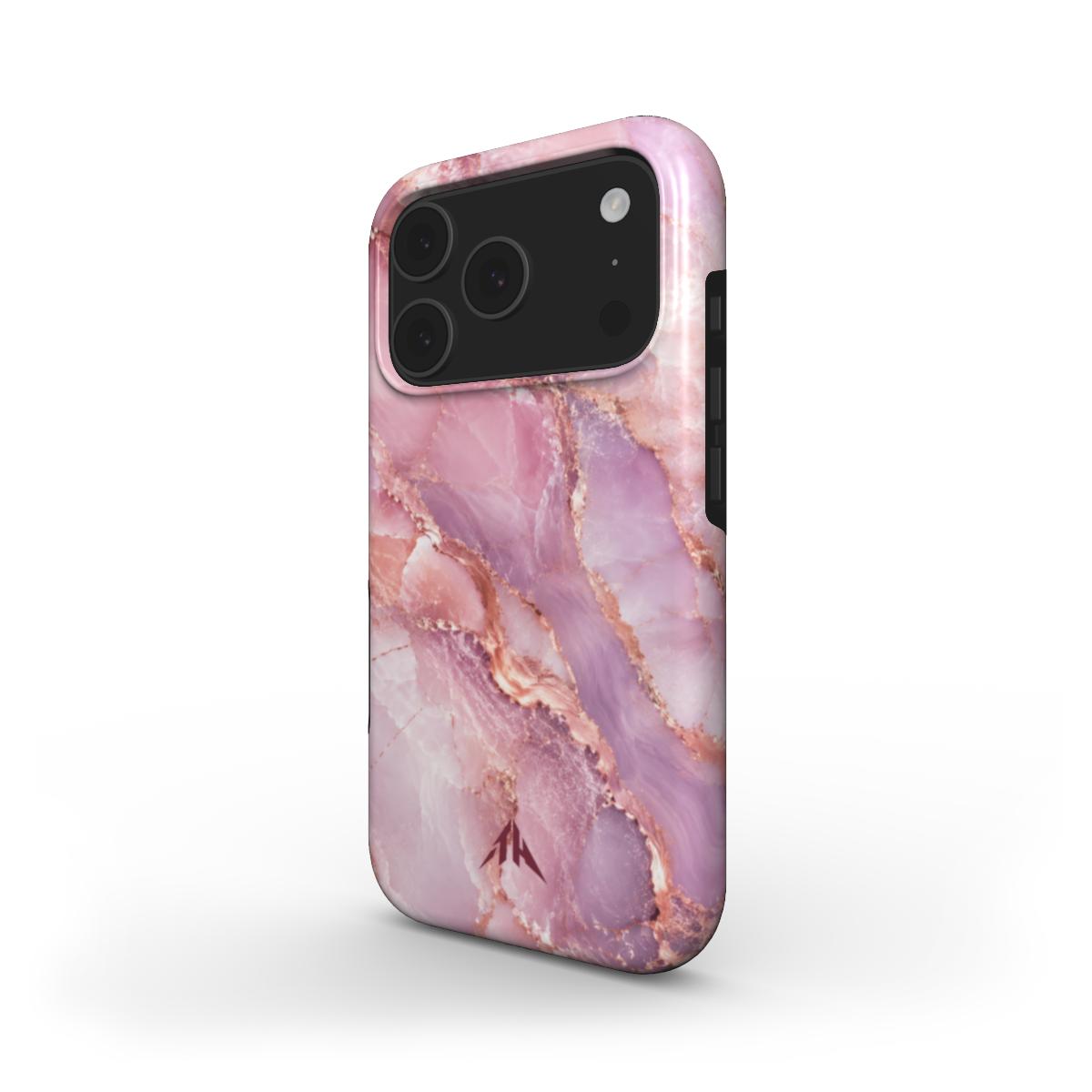 MagSafe Handyhülle „Rosé Marmor“ – Schrägansicht mit Roségoldadern und burgunderrotem Logo