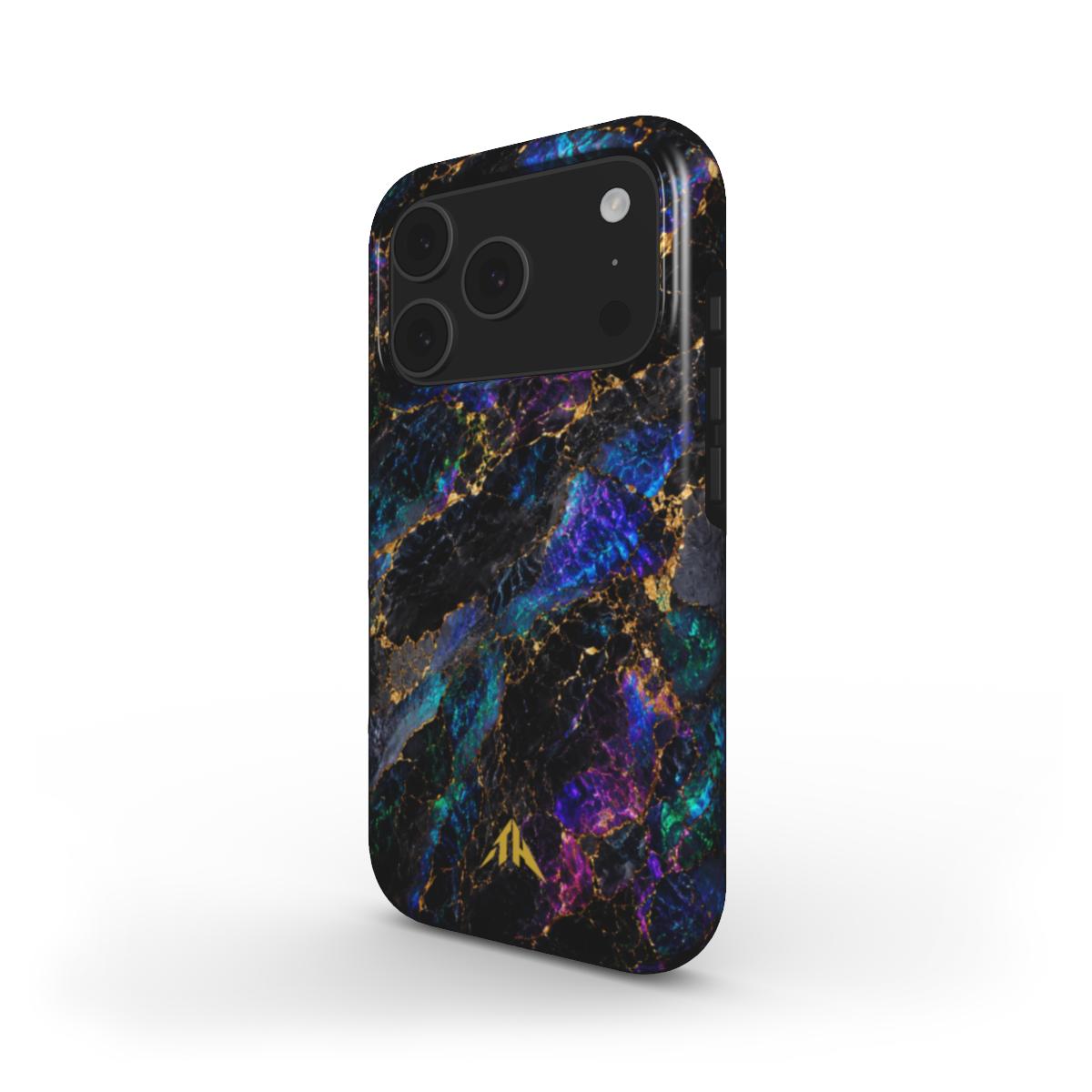 MagSafe Handyhülle „Galaxie Marmor“ – Schrägansicht mit Neonfarben, Goldlinien und goldenem Logo