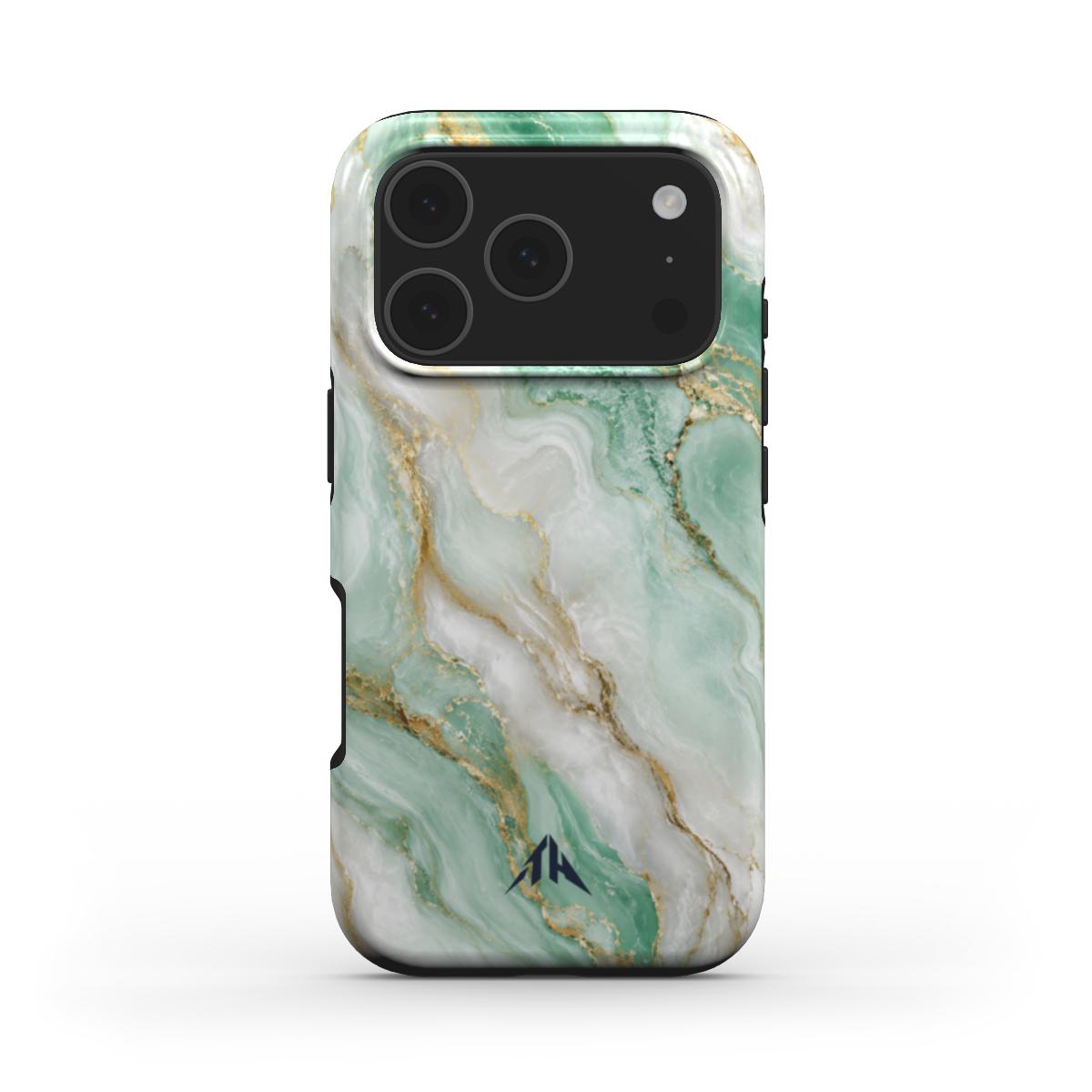 MagSafe Handyhülle „Mint Marmor“ – Rückansicht mit mintfarbenem Marmor und marineblauem Logo
